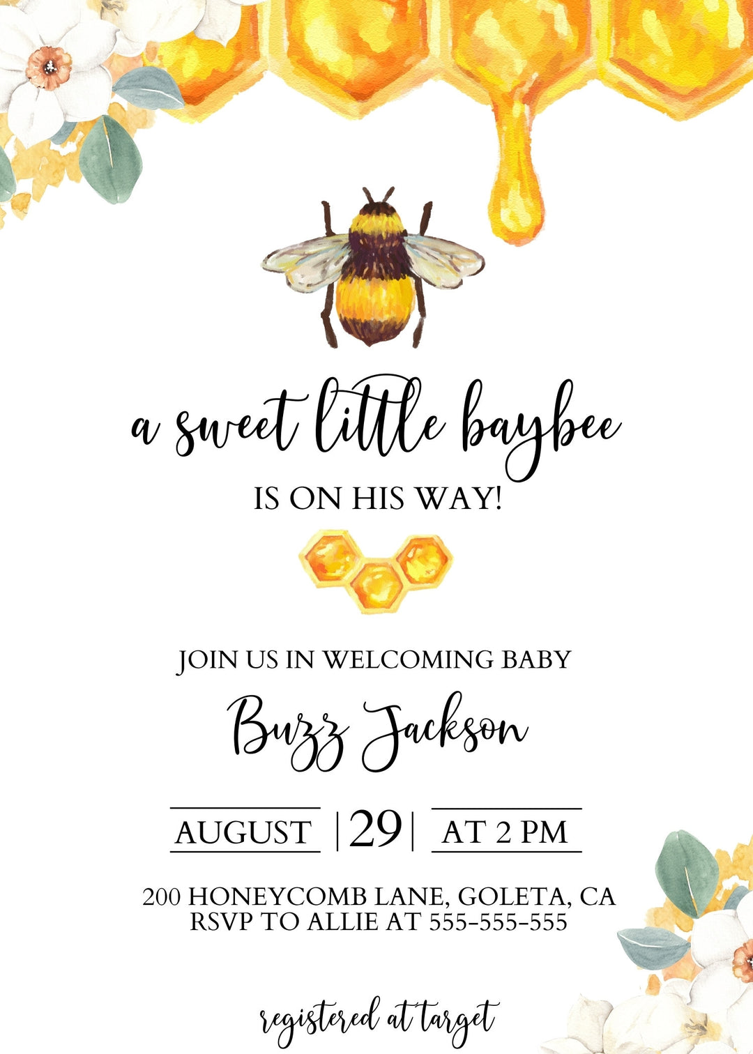 Bee Themed Baby Shower Invitation - Honey Bee Baby Shower Invitation - Bumble Bee Baby Shower Invitation - Yellow Baby Shower Invitation