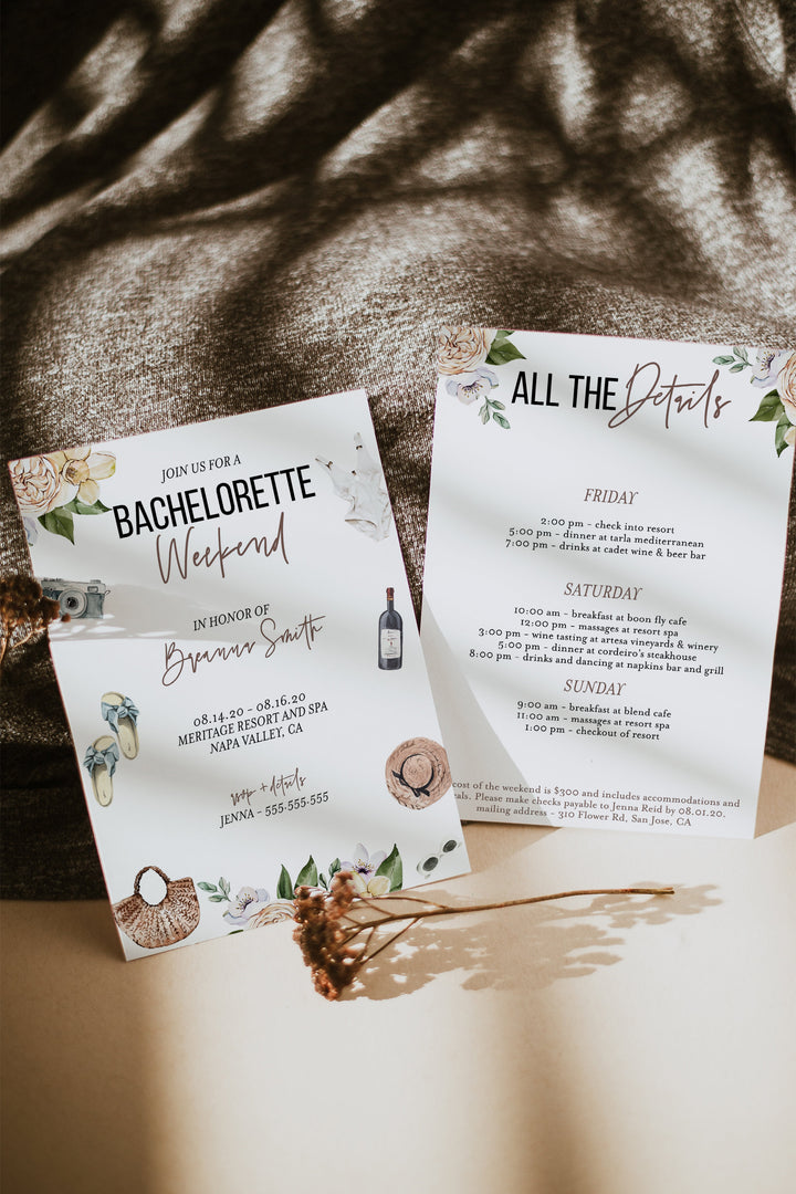 Bachelerotte Weekend Invitation Template - Winery Bachelorette Party Invitation - Bachelorette Weekend Itinerary - Bachelorette Ideas