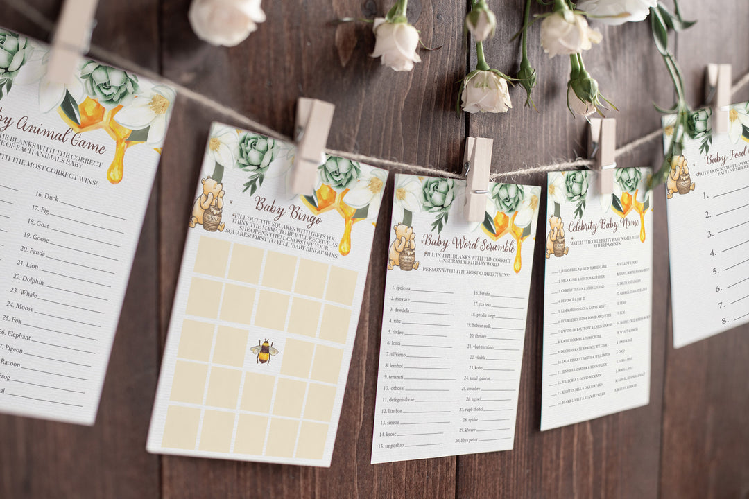 Succulent Winnie the Pooh Baby Shower Invitation Games - Pooh Bear Baby Shower Games - Winnie Pooh Games - Honey Baby Shower Game Templates