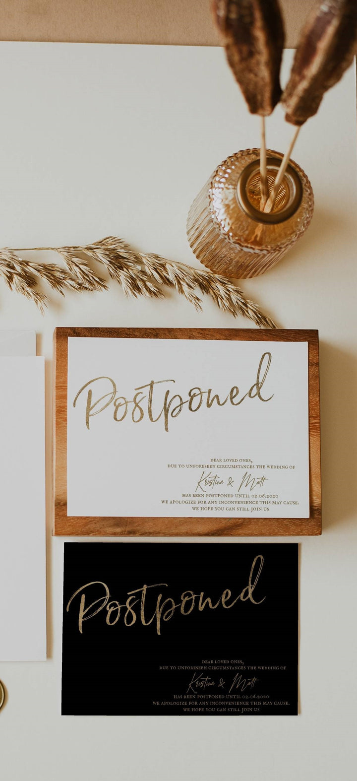 Postponed Wedding Announcement - Gold Foil Change the Date Wedding Card - Black and Gold Postponed Announcement - White and Gold Wedding