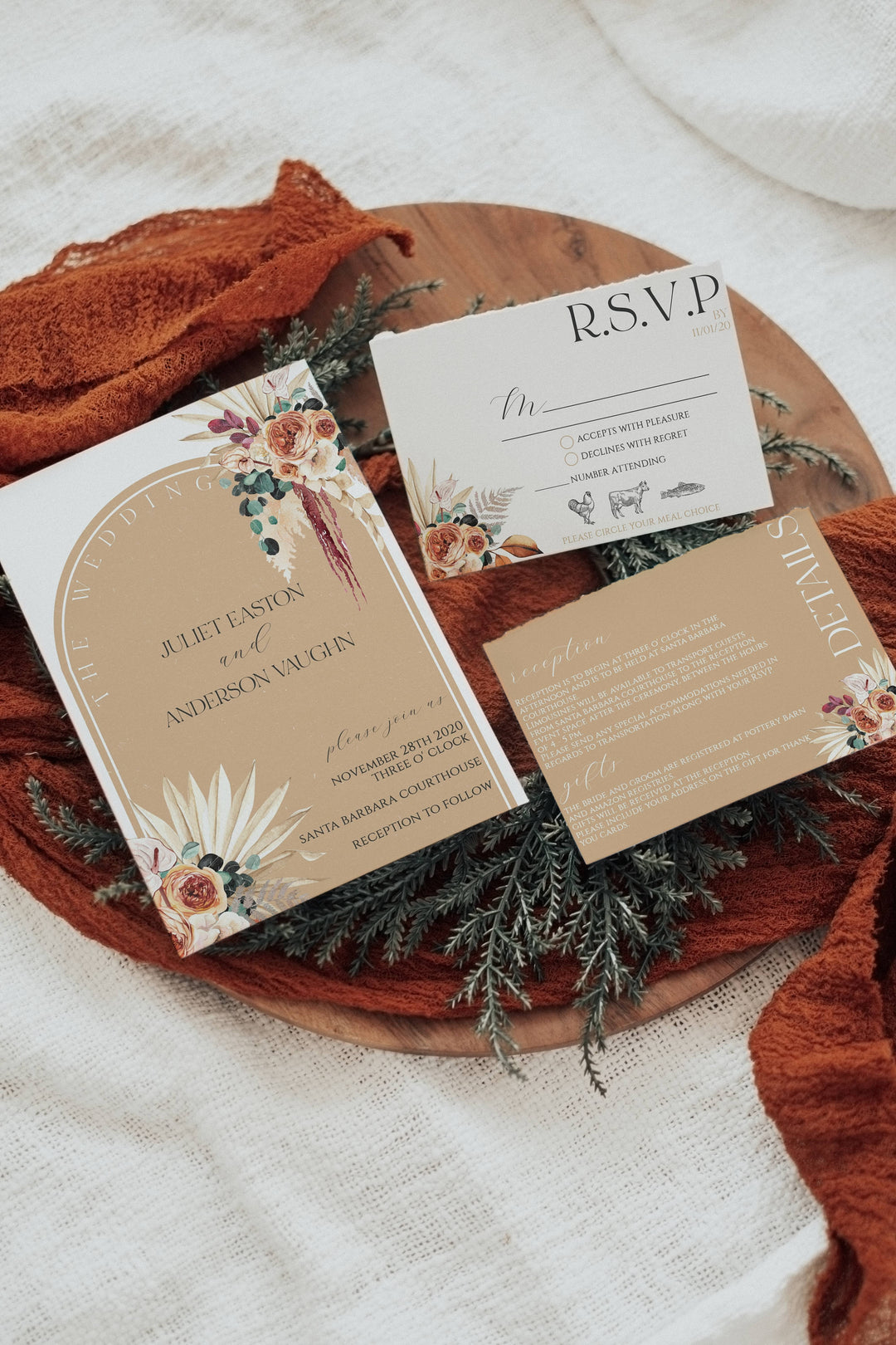 Boho Terracotta and Pampas Grass Wedding Invitation - Boho Palm Leaf Wedding Invitation - Arch Wedding Invitation Suite - Boho Wedding RSVP