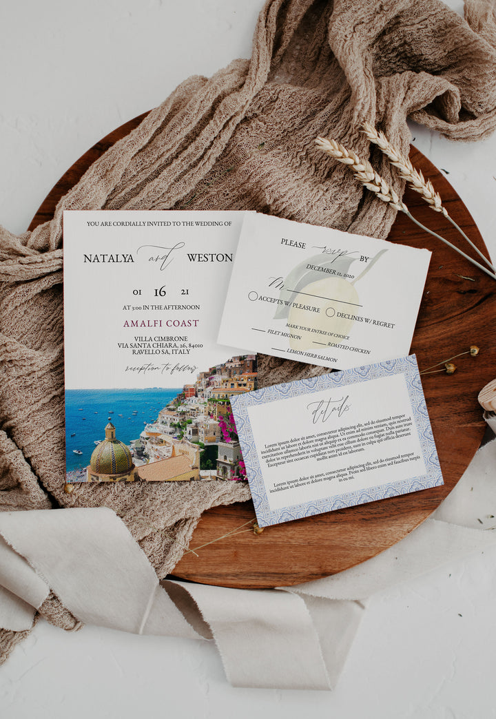 Amalfi Coast Wedding Invitation and RSVP - Italy Destination Wedding Invitation - Italian Riviera Destination Wedding Invitation and RSVP