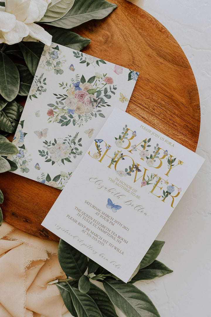 Butterfly Garden Baby Shower - Spring Floral Baby Shower - Butterfly Floral Baby Shower Invitation - Gold Leaf Floral Baby Shower Invite