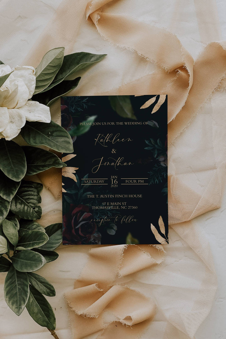 Dark and Moody Wedding Invitation - Black and Burgundy Wedding Invitation - Black Roses and Gold Wedding Invitation - Black Wedding Invite