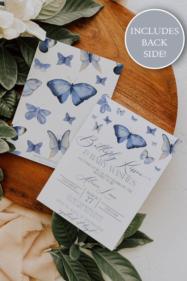Blue Butterfly Baby Shower Invitation Suite - Butterfly Kisses and Baby Wishes Theme - Butterfly Theme Baby Shower Invite - Blue Butterfly